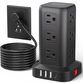 AnnTane front view power tower showing outlets and compact benefit