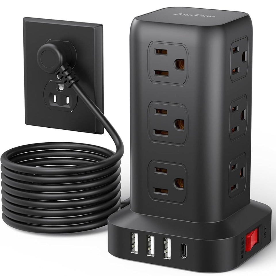 AnnTane front view power tower showing outlets and compact benefit