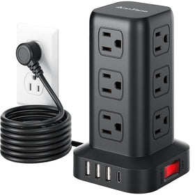 AnnTane front view tower showing outlets and compact footprint for space saving