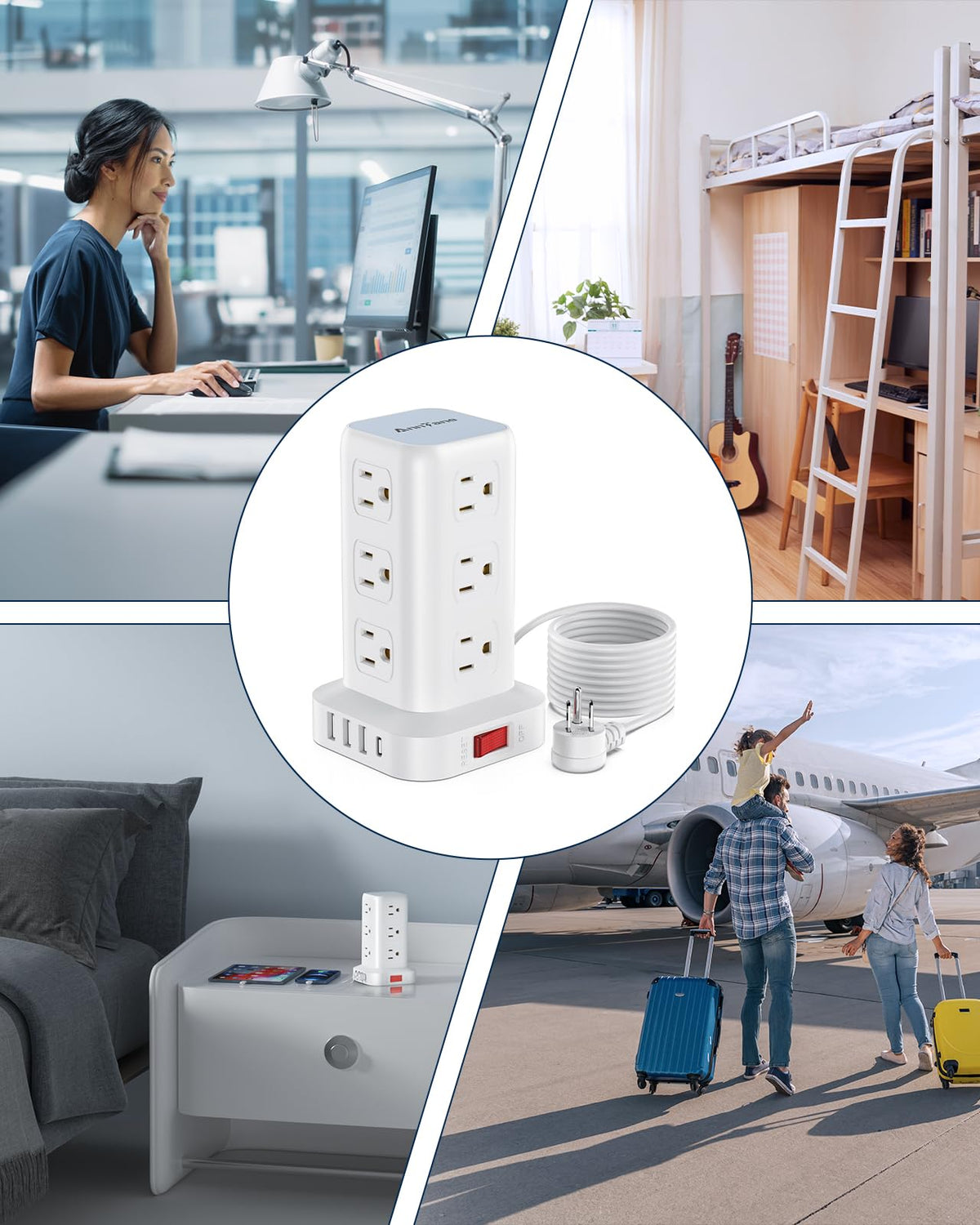 AnnTane power tower in a desk setup providing tidy multi-device charging