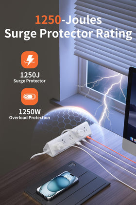 AnnTane power strip charging laptop and phone simultaneously to streamline workspace