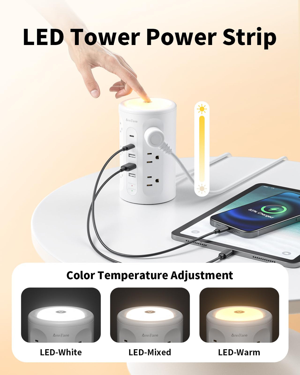 AnnTane power strip tower 10ft cord stretched across a workspace