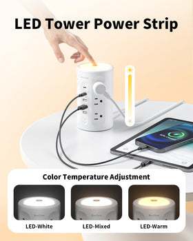 AnnTane power strip tower 10ft cord stretched across a workspace