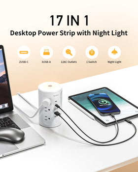 AnnTane power strip tower with 12 outlets organized on a desk setup