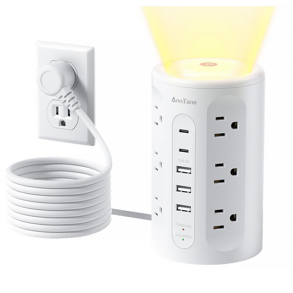 AnnTane power strip tower night light showing soft ambient glow on a desk