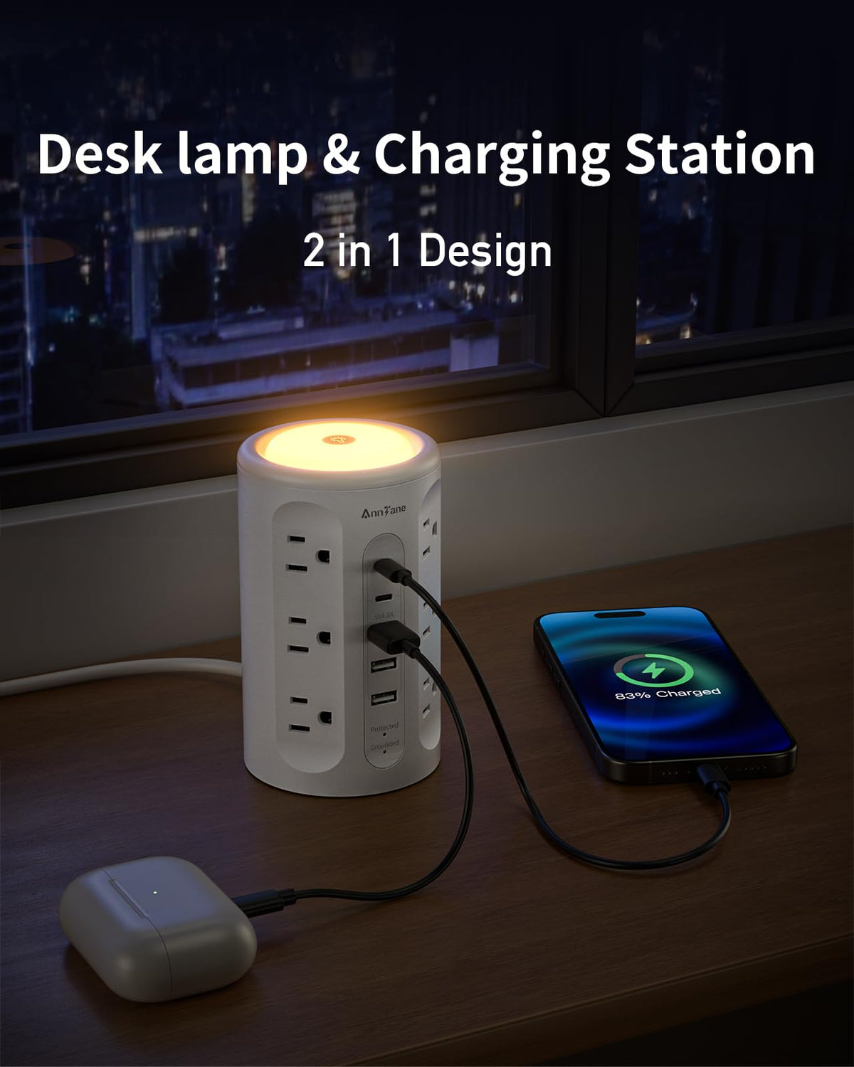 AnnTane power strip tower USB ports for multiple devices charging