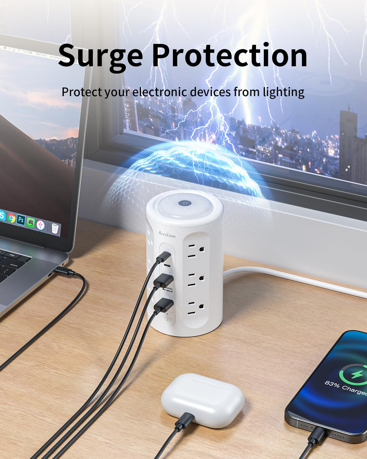 AnnTane power strip tower white finish on a clean desk