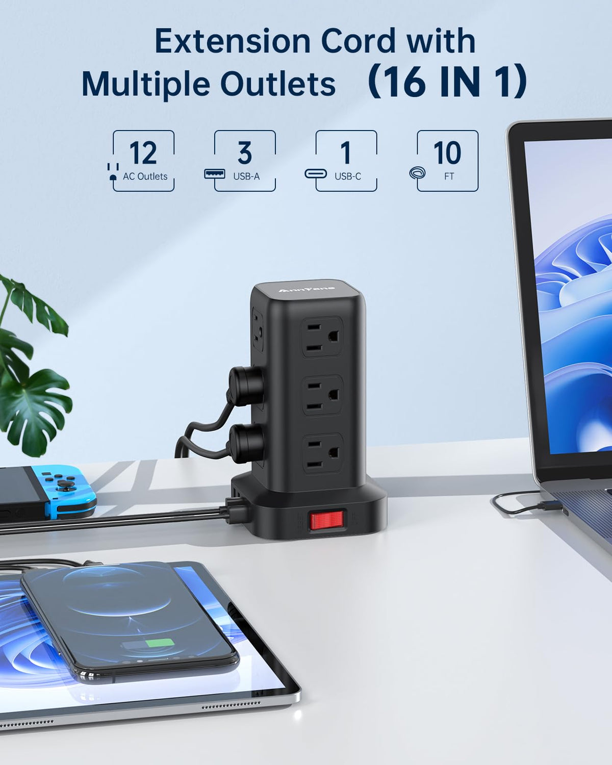 AnnTane top view showing USB and AC layout for organized charging