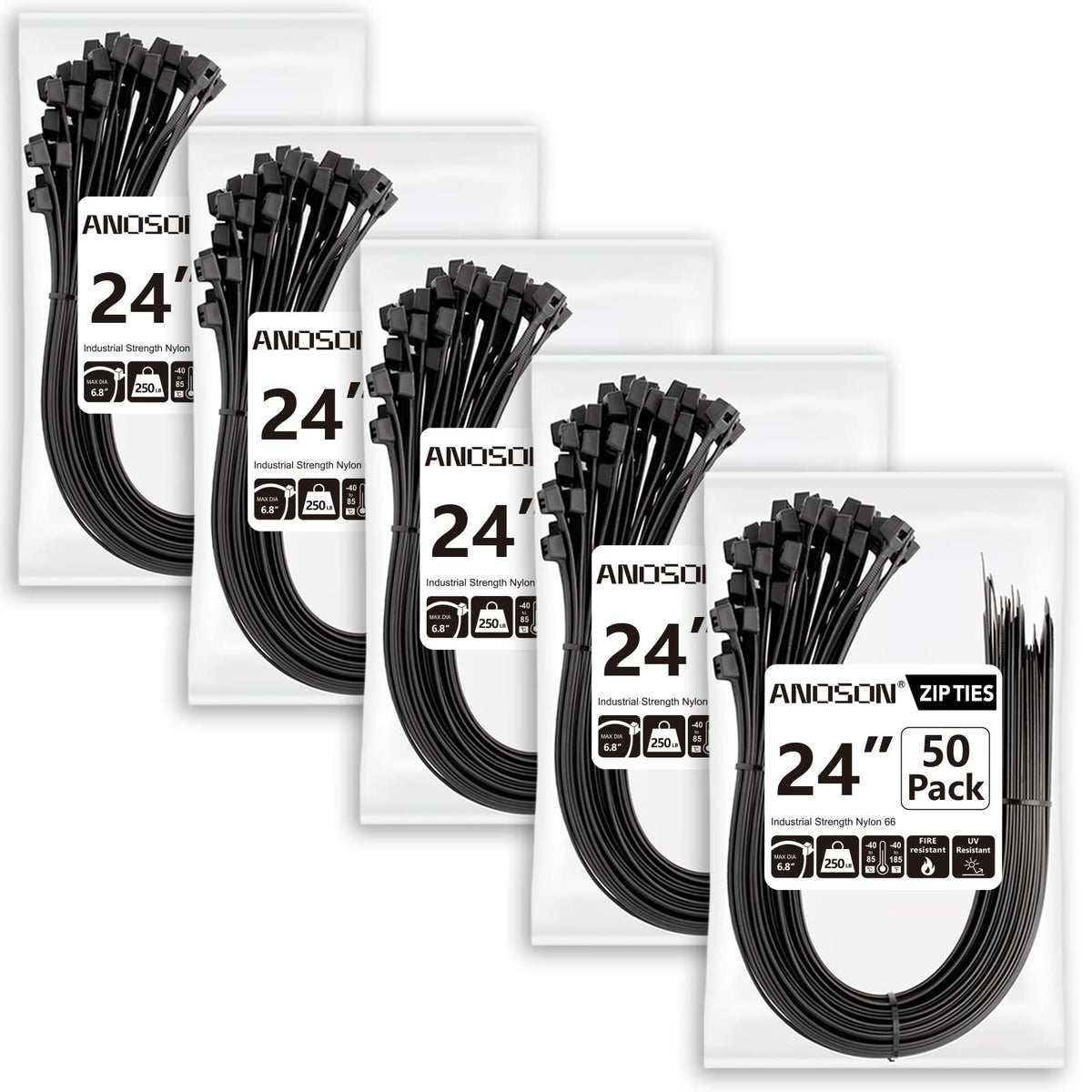 ANOSON front pack of 24 inch zip ties showing quantity and durability benefits
