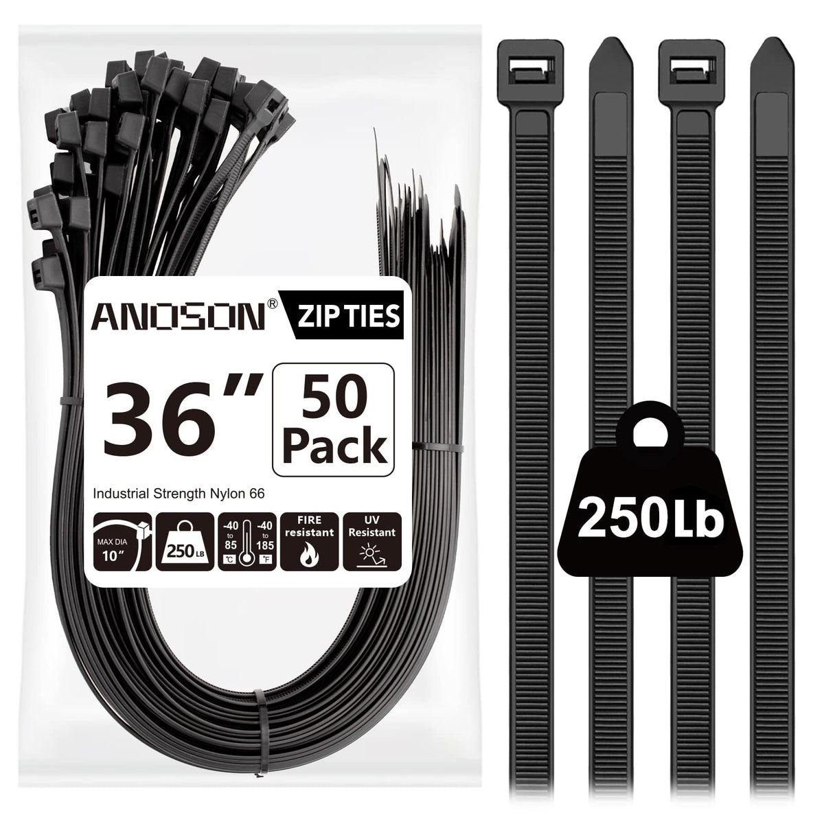 ANOSON front pack showing 36 inch zip ties and bulk convenience