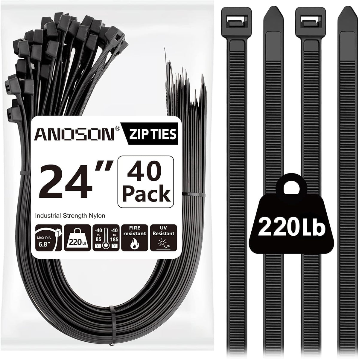 ANOSON large zip tie 24 inch black, ideal for sturdy bundles.