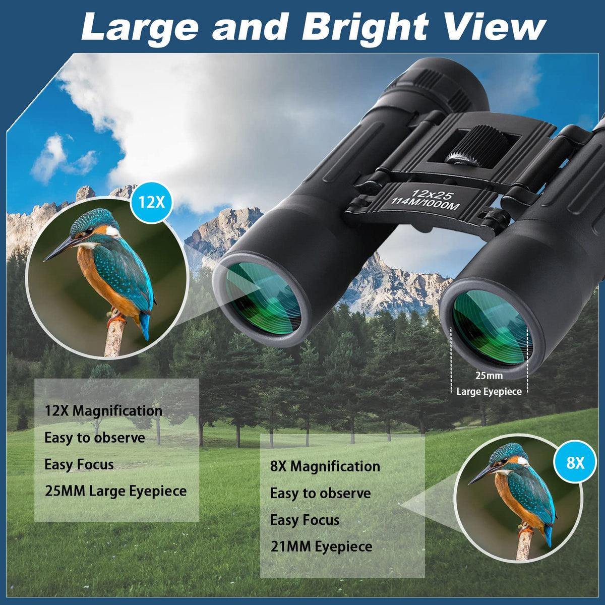 Anourney 12x25 binoculars offer easy focus via center knob and right eyepiece.
