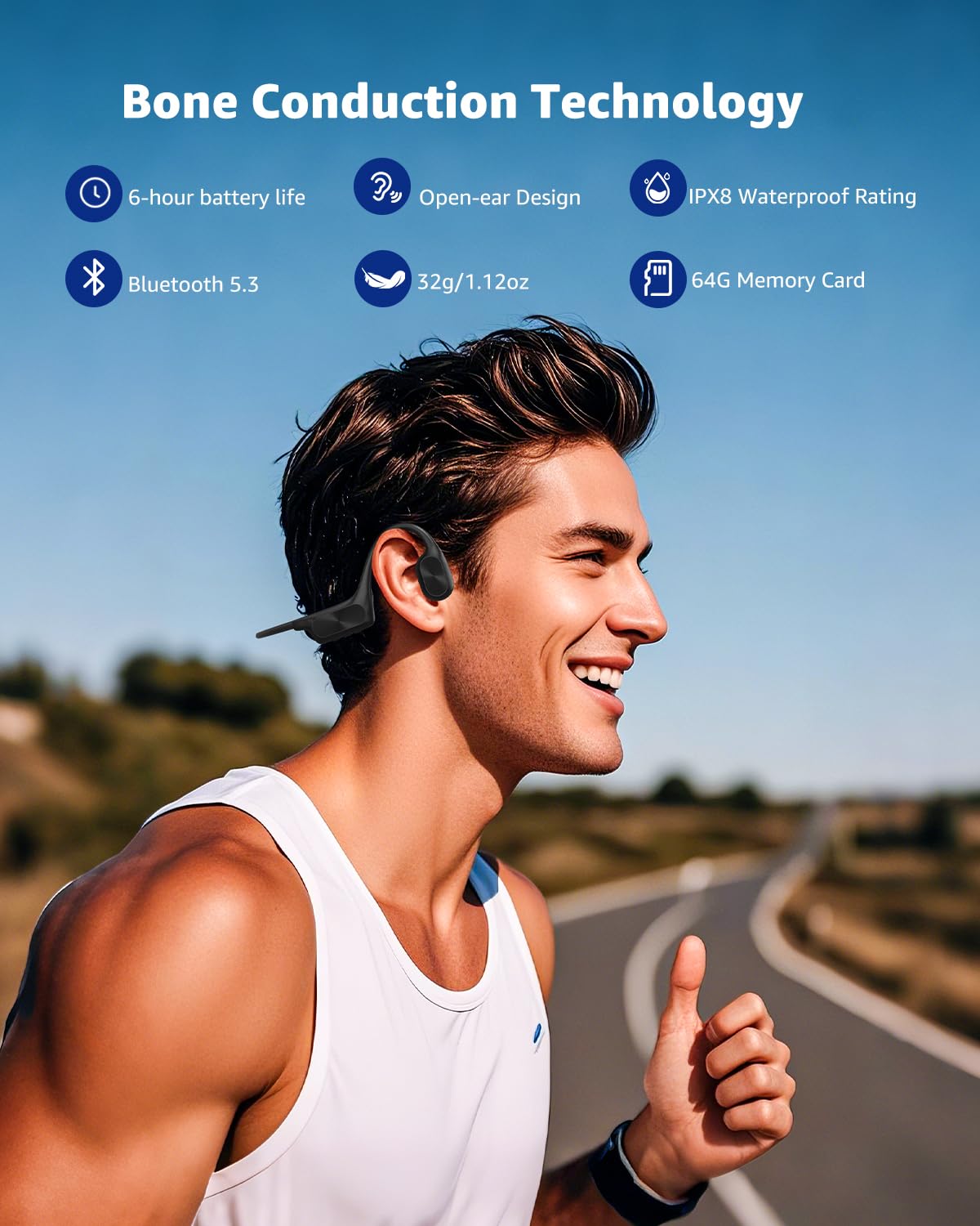ANOUV close-up of bone conduction pad illustrating contact and clear sound delivery