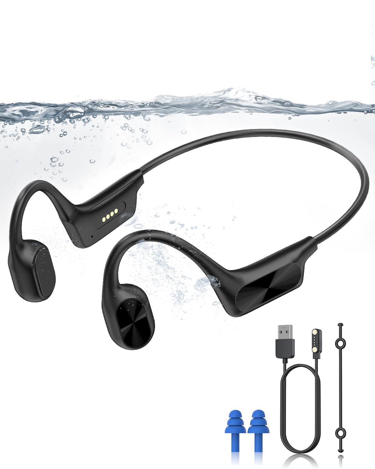 ANOUV front view of black bone conduction headphones showing open-ear frame and controls