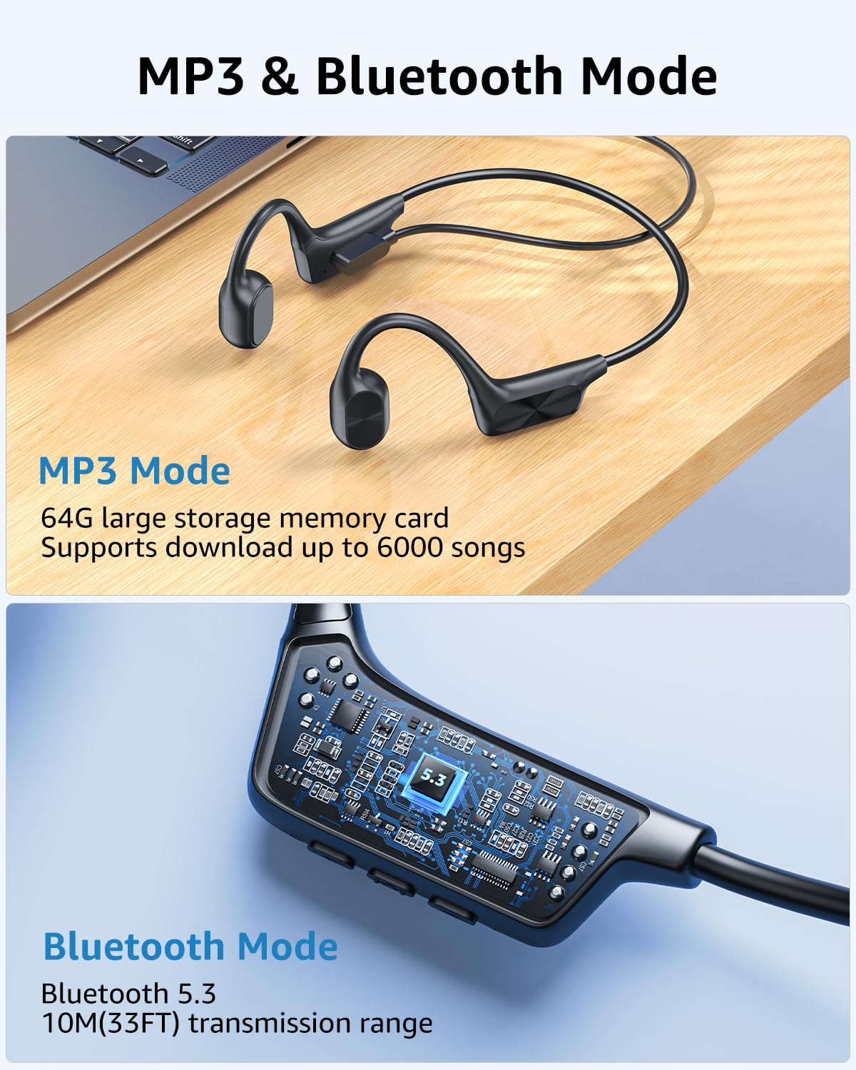 ANOUV headphones with open device view showing built-in 64GB storage for offline music