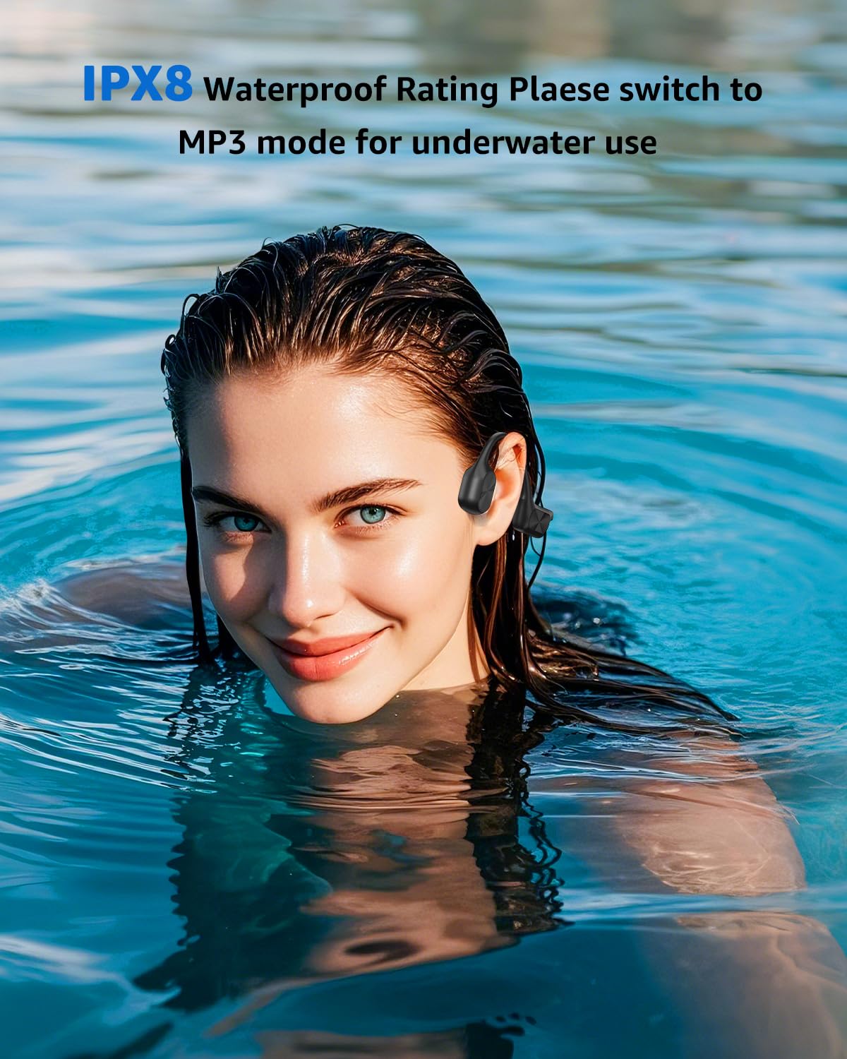 ANOUV headphones worn while swimming demonstrating IPX8 waterproof confidence