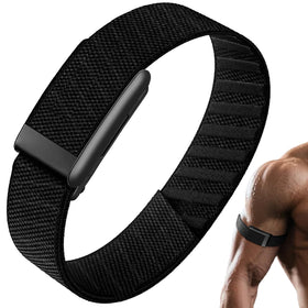 Anpzband Whoop 5.0 nylon bicep band on arm for secure, comfortable wear.