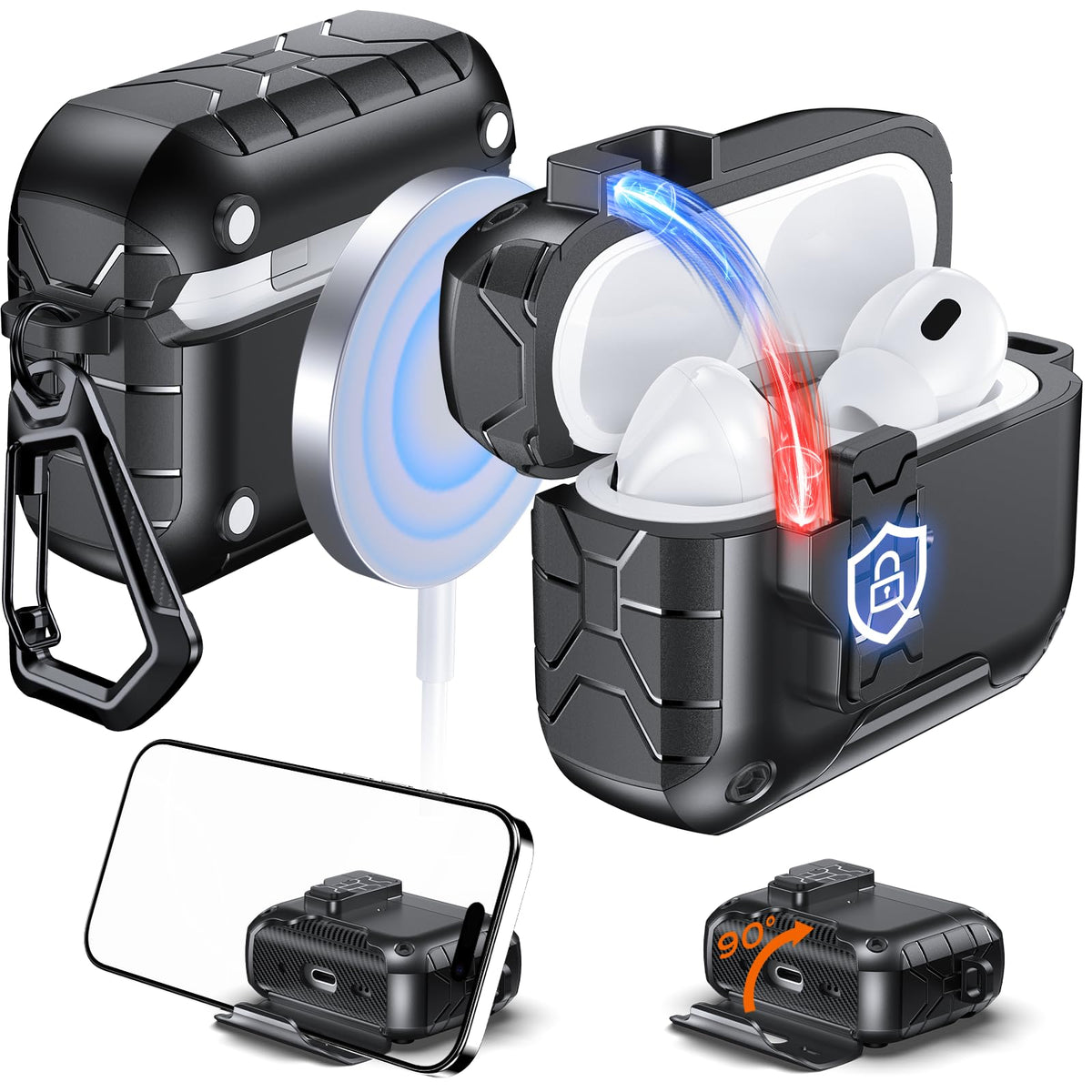 Anqrp MagArmor Auto-Open case opened showing quick-access hinge for AirPods 4 Gen