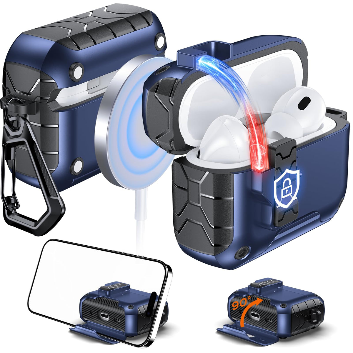 Anqrp MagArmor Auto-Open AirPods Pro blue front view highlights quick access and rugged protection