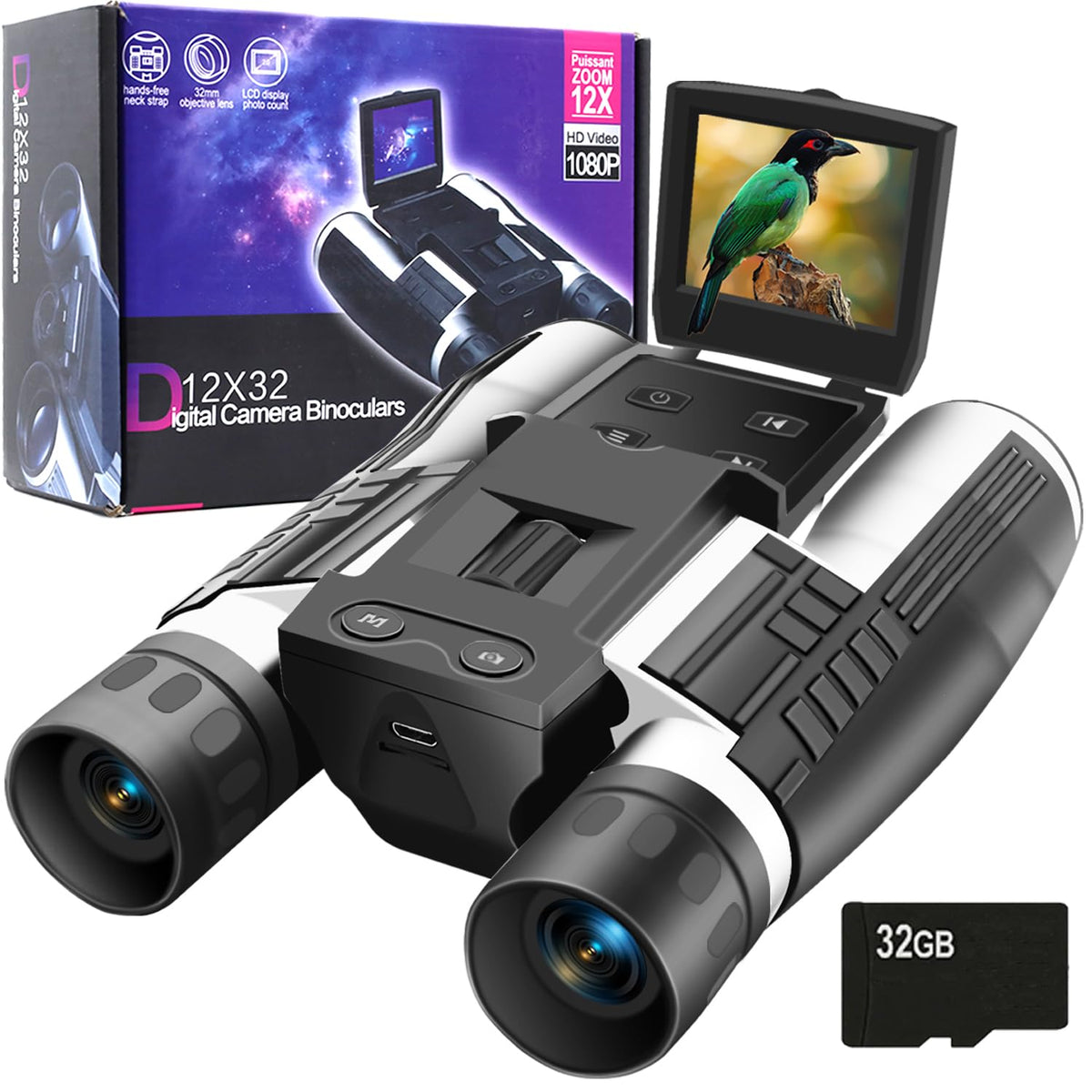 Ansee binoculars with camera front view for hands-free bird watching and photo capture.