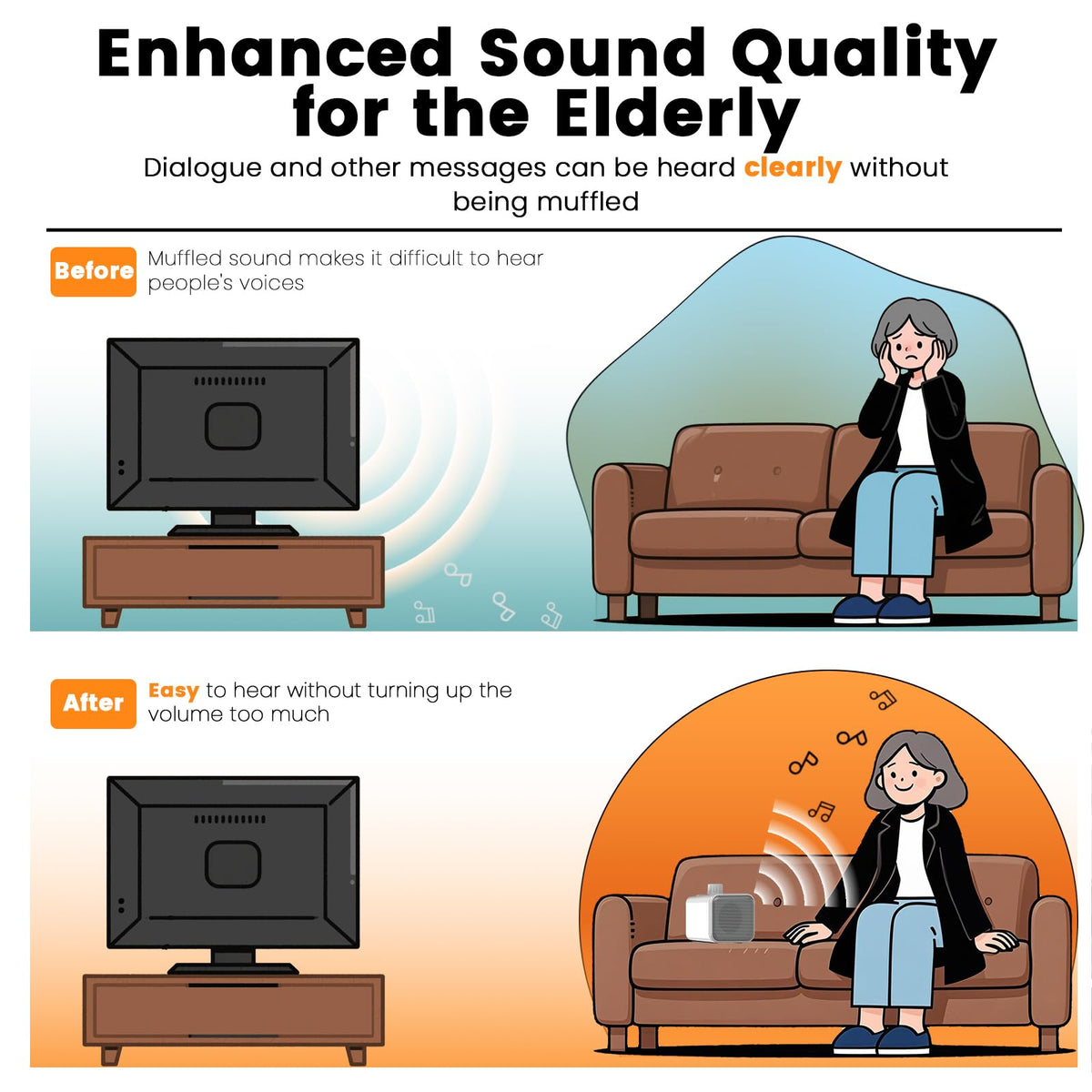 ANSTEN speaker placed near sofa offering personal amplified TV dialogue