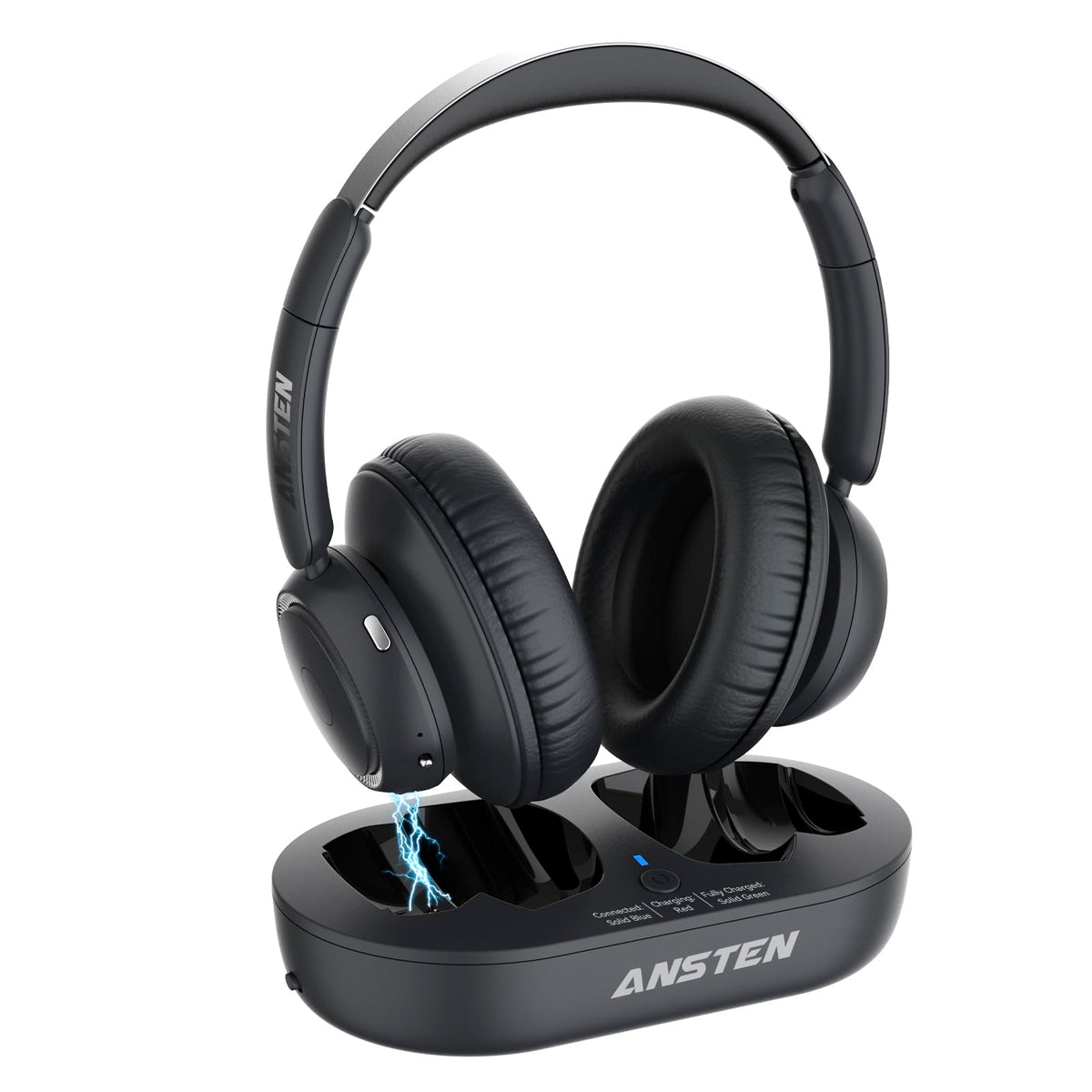 ANSTEN TV headphones on charging base for quick, convenient charging while watching TV.