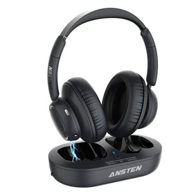 ANSTEN TV headphones on charging base for quick, convenient charging while watching TV.