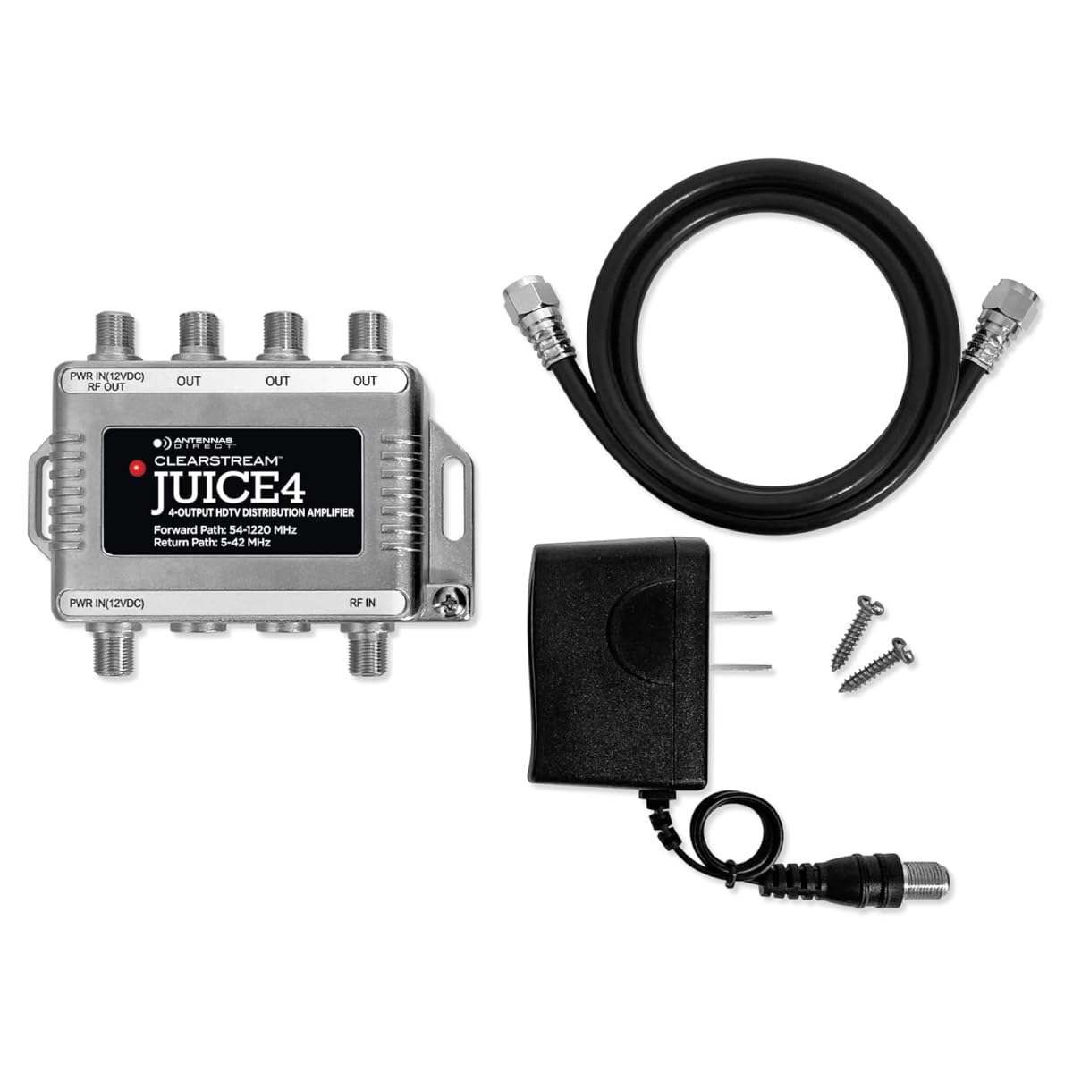 Antennas Direct ClearStream JUICE4 distribution amplifier compact size for indoor use and multi-TV distribution.