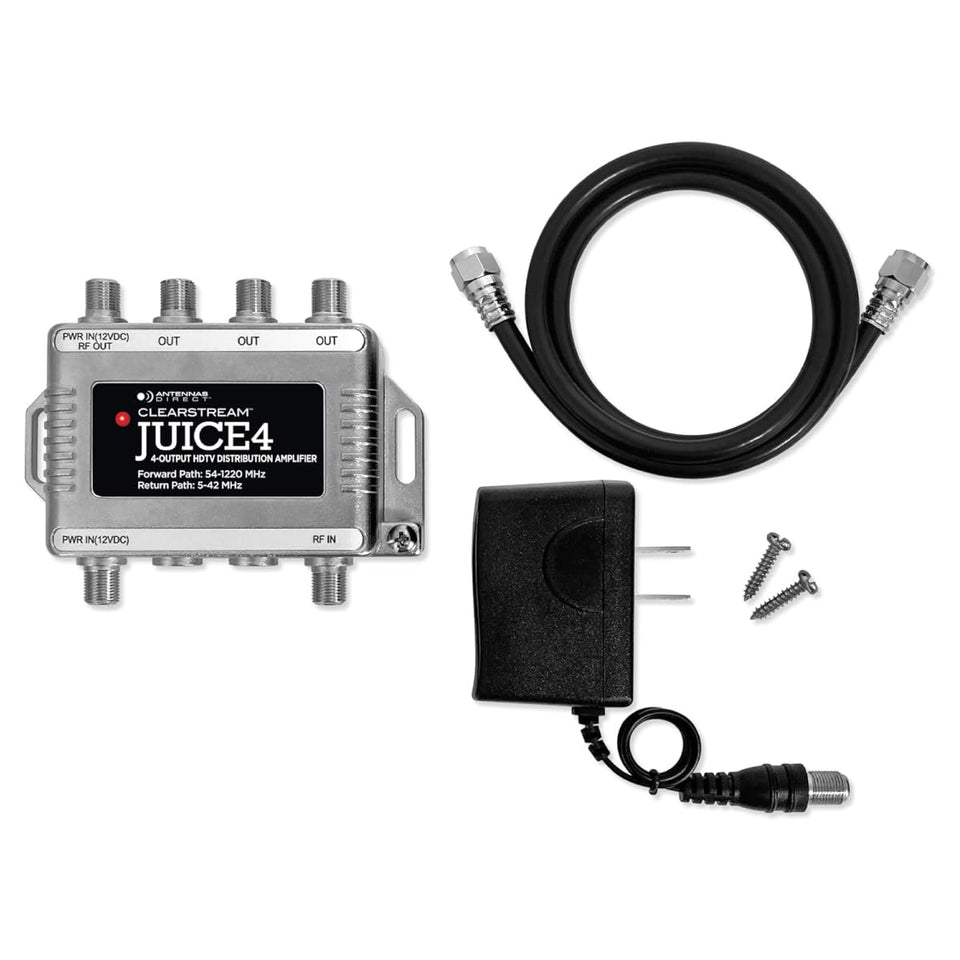 Antennas Direct ClearStream JUICE4 distribution amplifier compact size for indoor use and multi-TV distribution.