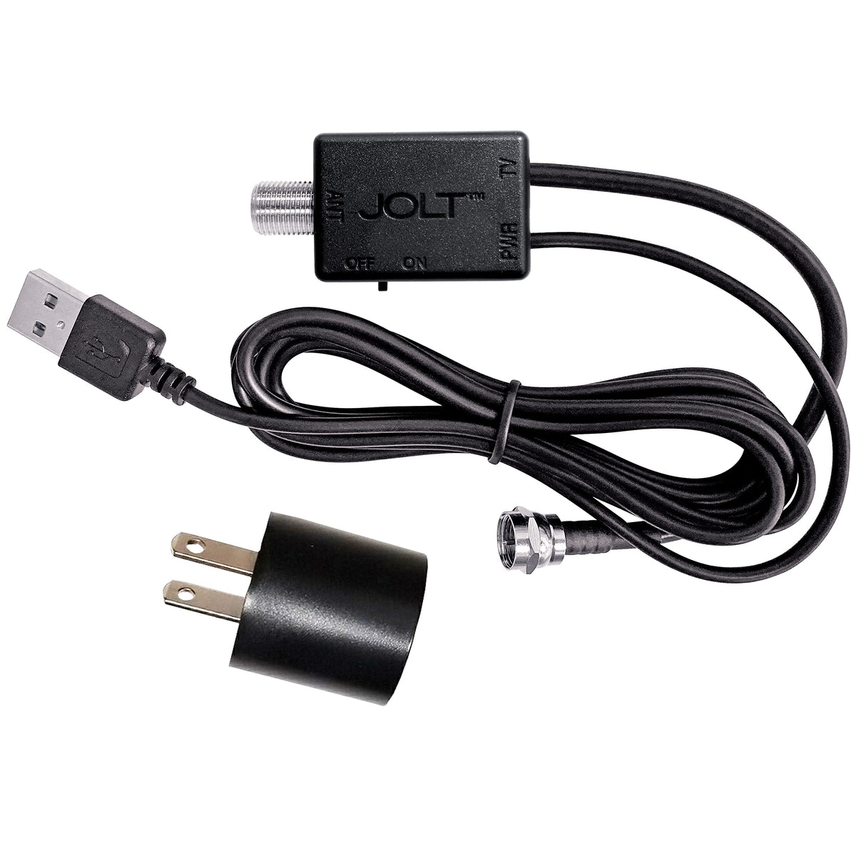 Antennas Direct Jolt Switch front view showing compact black amplifier and coax connector for clearer reception