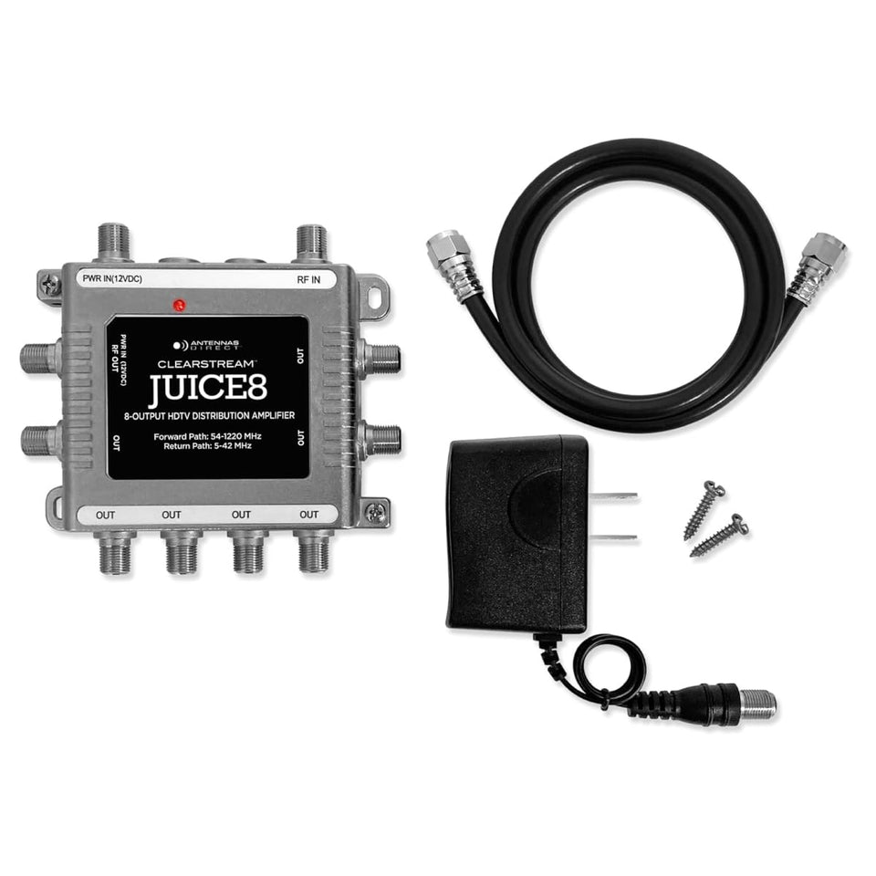 Antennas Direct JUICE8 8-output distribution amplifier delivering multi-room TV signal.