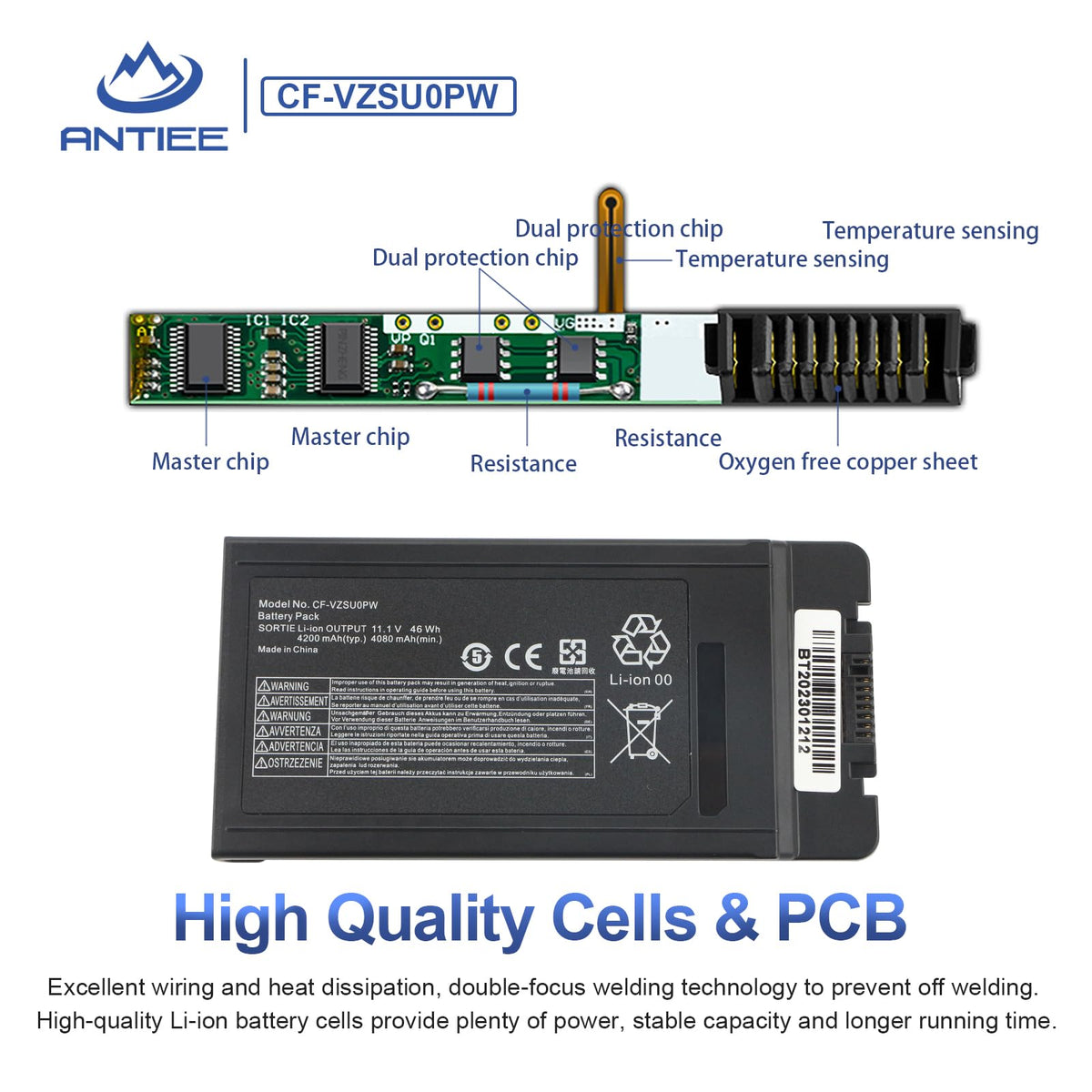 ANTIEE 46Wh 4200mAh battery capacity label indicating long-lasting performance.
