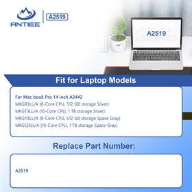 ANTIEE A2519 battery label and packaging indicate quality and safe handling.