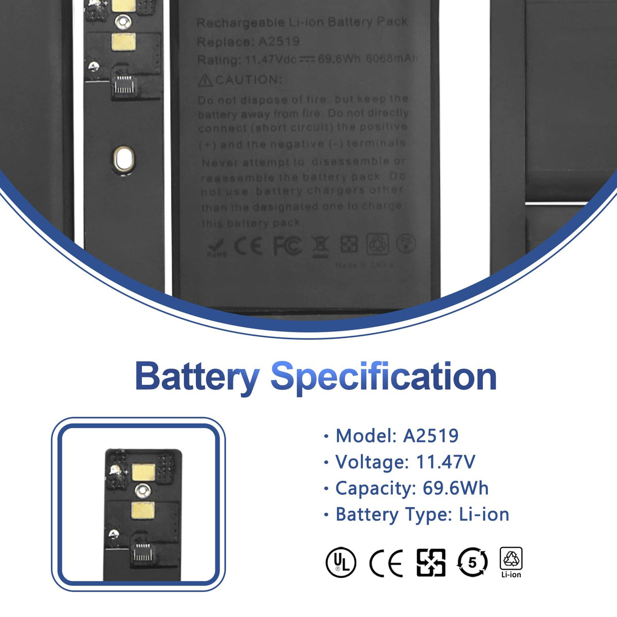 ANTIEE A2519 battery side ports for reliable connection with MacBook Pro 14-inch.