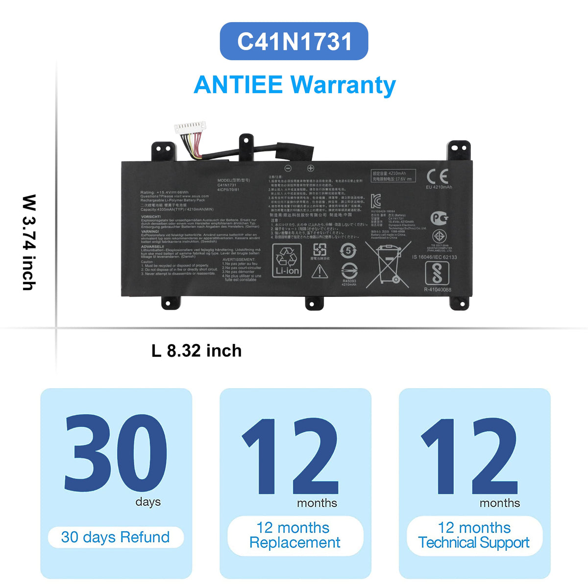ANTIEE battery next to a ruler for scale, helping buyers confirm correct size fit