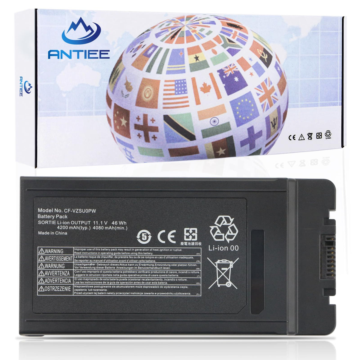 ANTIEE CF54 battery side view showing compact design for Toughbook compatibility.