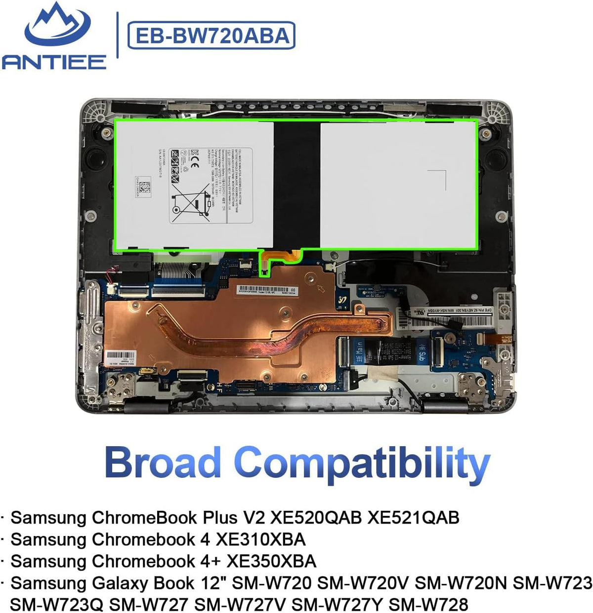 ANTIEE EB-BW720ABA battery with safety certifications for safe, reliable operation.