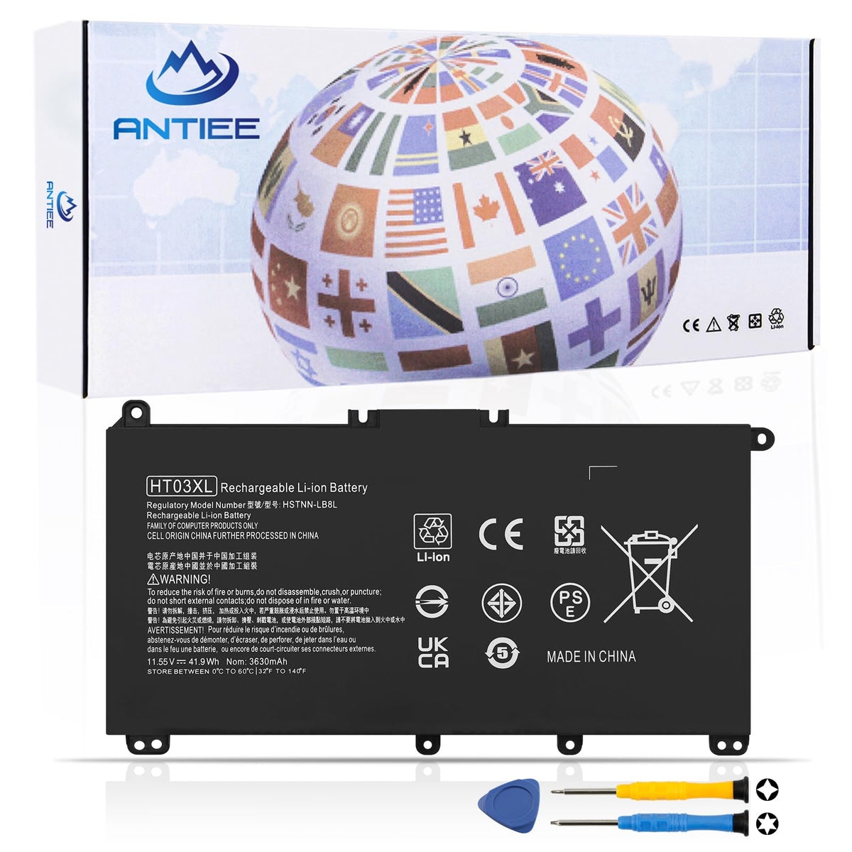 ANTIEE HT03XL battery close-up shows compact 3-cell Li-ion design