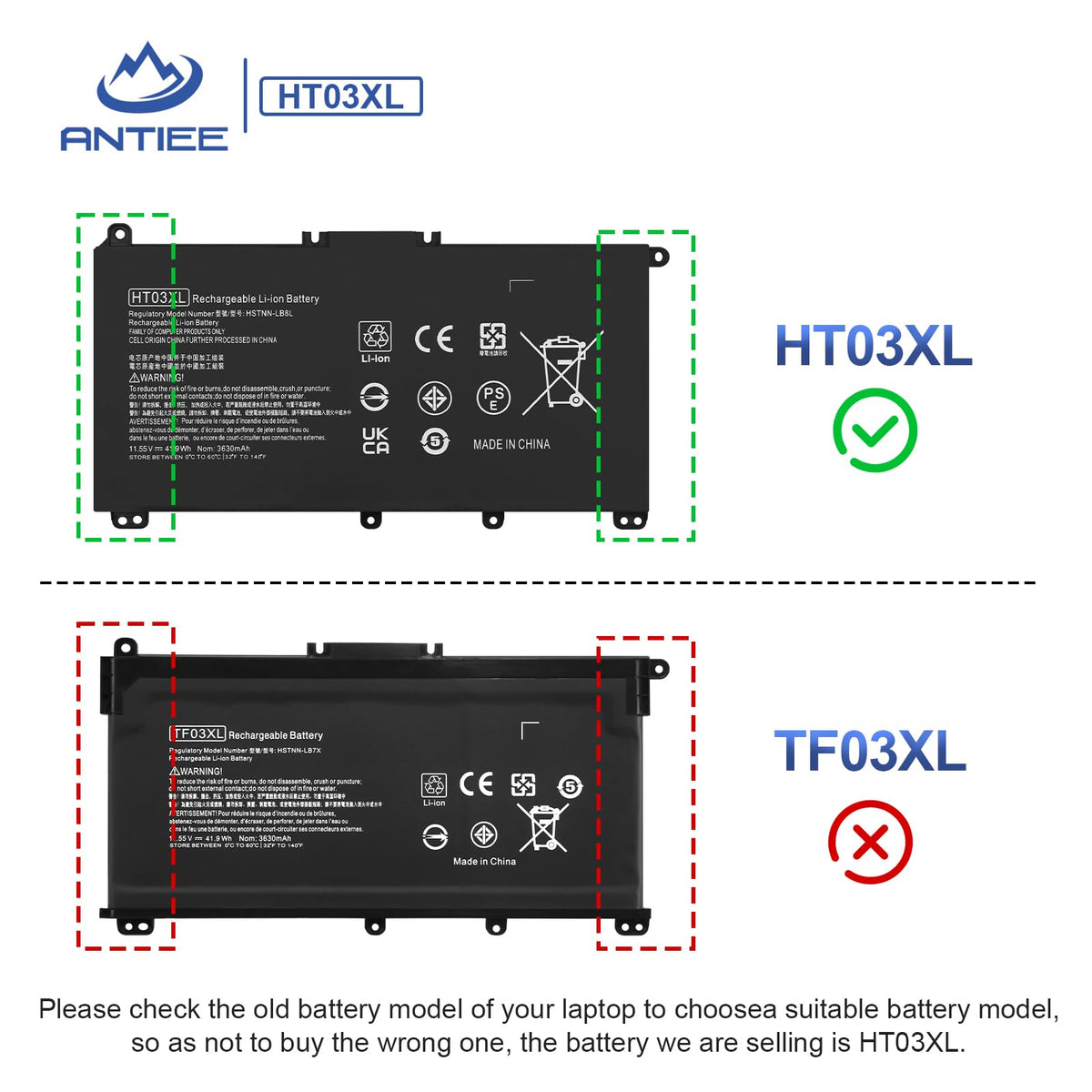ANTIEE HT03XL battery being installed into a Pavilion laptop