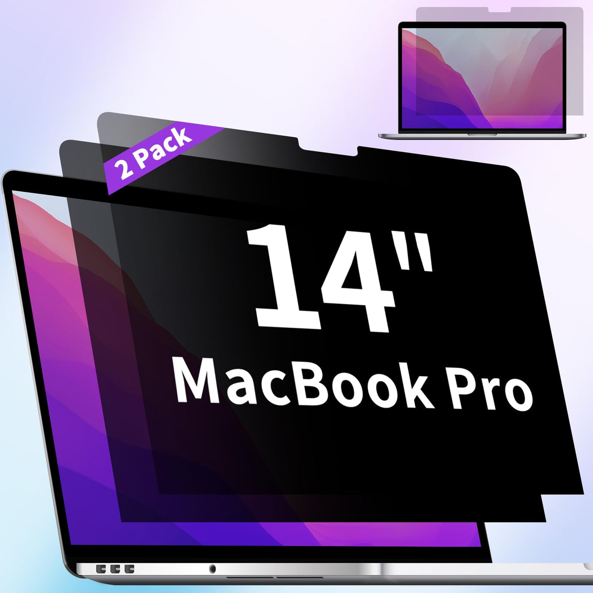 ANTOGOO V privacy screen on MacBook Pro 14 front view for discreet viewing in public spaces