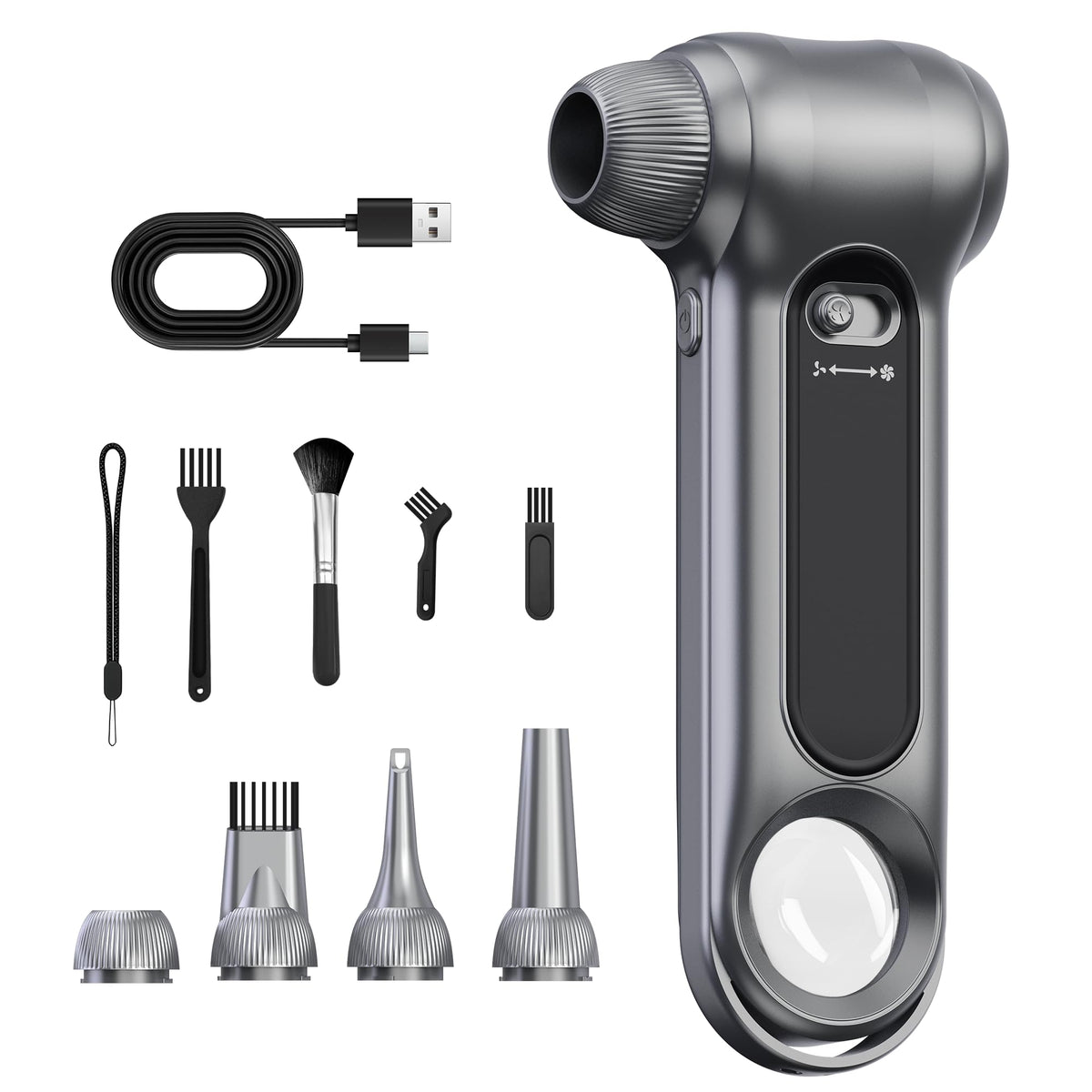 Anyeye front view of gray air duster showing compact ergonomic body and power knob