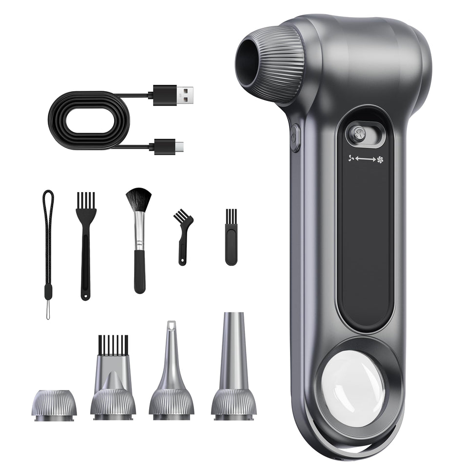Anyeye front view of gray air duster showing compact ergonomic body and power knob