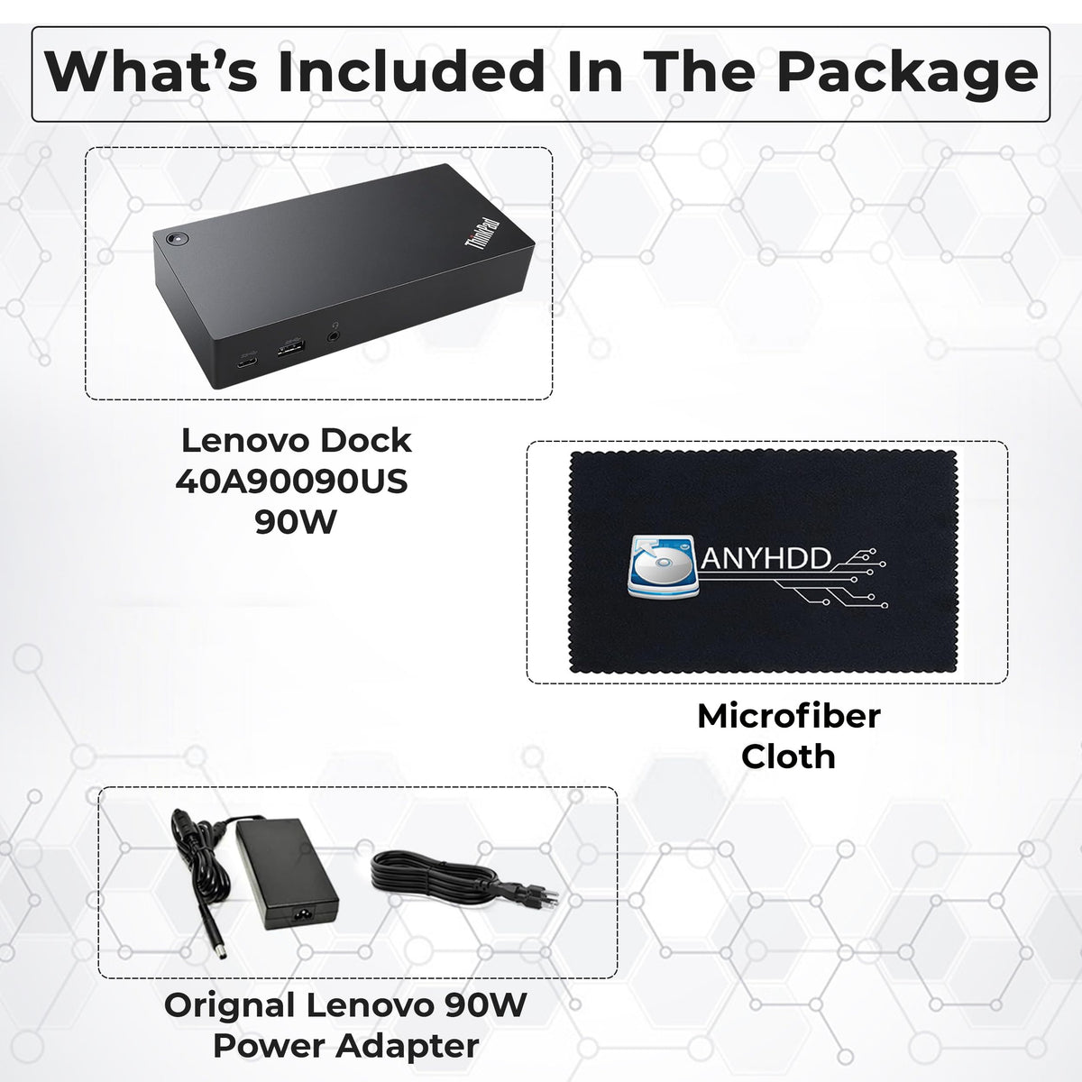 ANYHDD 90W adapter powers laptops while docking for uninterrupted work.