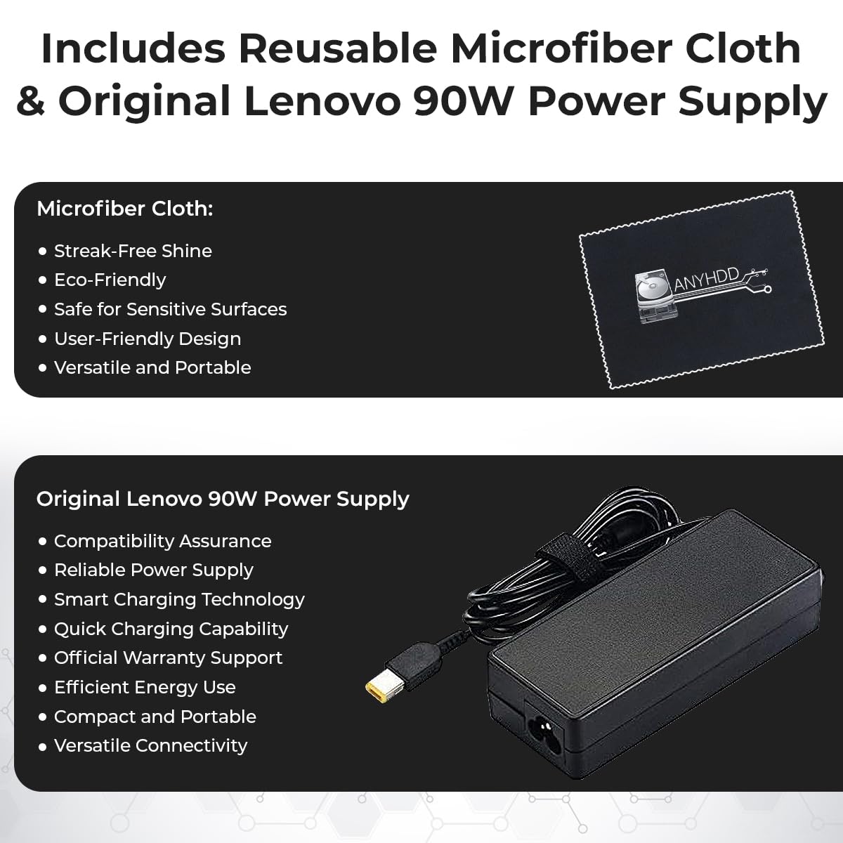 ANYHDD 40AY0090US dock 90W adapter powers laptops and maintains a tidy workspace