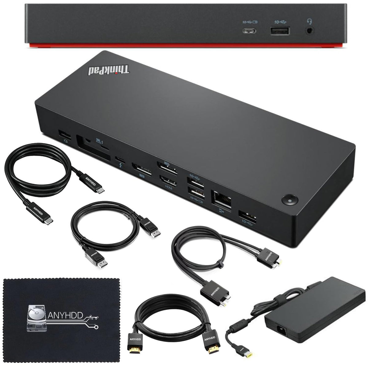 ANYHDD 40B00300US dock front view showing HDMI and DisplayPort for multi-monitor setups.