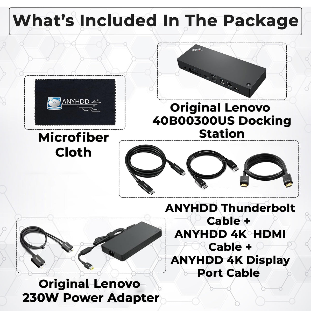 ANYHDD 40B00300US dock rear ports highlighting Thunderbolt 4, USB-C, and Ethernet connectivity.