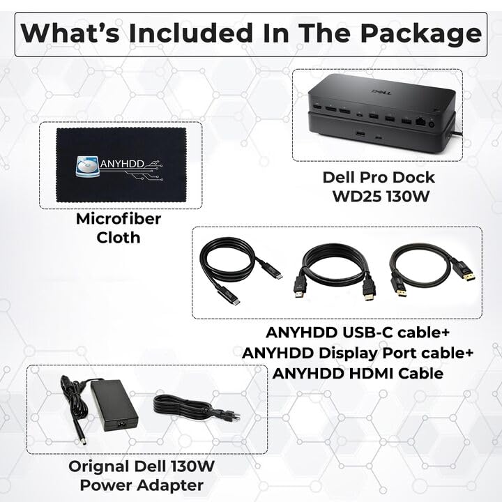 ANYHDD Dell Pro Dock WD25 port cluster highlights USB-C, USB-A, HDMI, and DP connectivity.