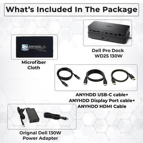 ANYHDD Dell Pro Dock WD25 port cluster highlights USB-C, USB-A, HDMI, and DP connectivity.