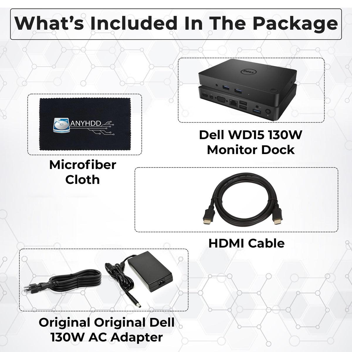 ANYHDD Dell WD15 ports closeup highlighting HDMI, VGA, USB and ethernet for versatility