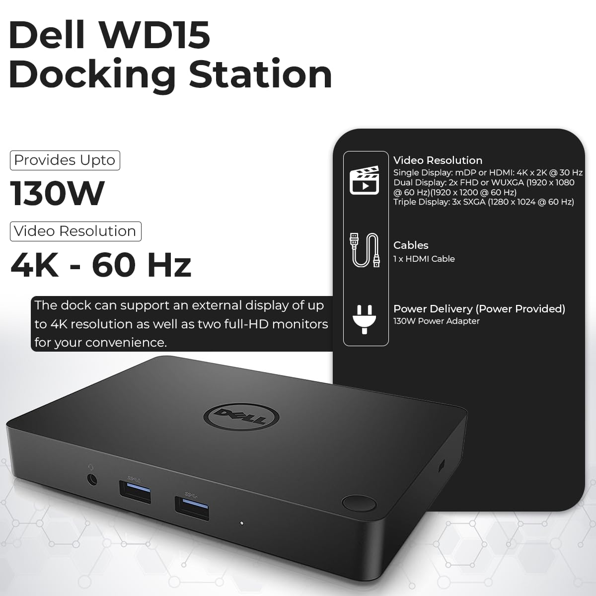 ANYHDD Dell WD15 with 130W adapter demonstrating power delivery for laptops